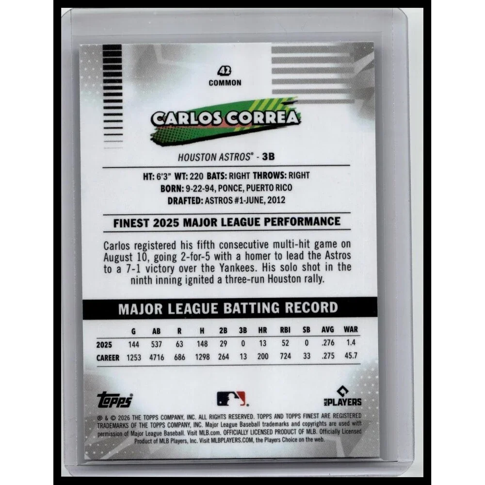 2026 Finest Carlos Correa #42 Houston Astros Base Green X-Fractor /99